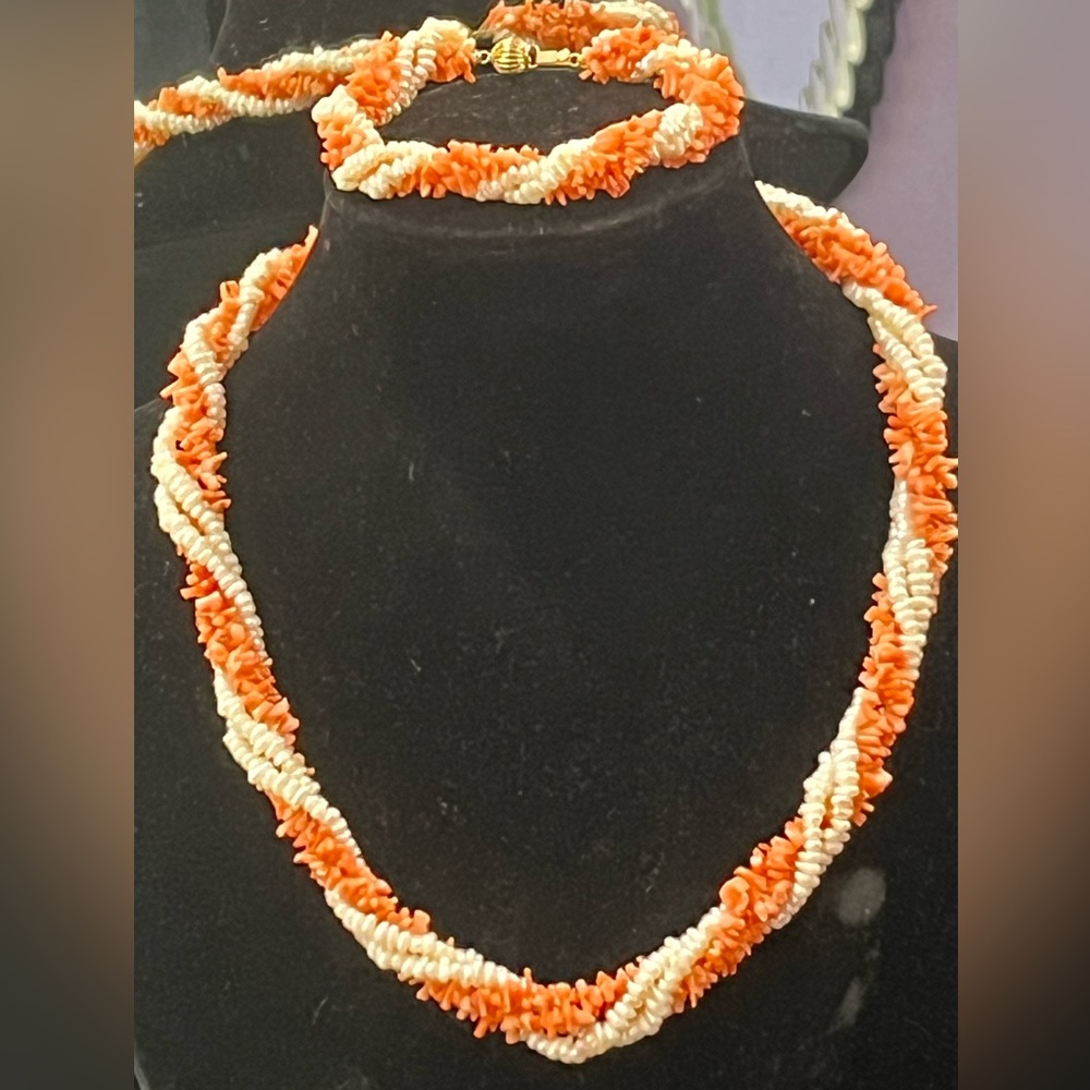Coral Pearl twisted necklace Bracelet Set statement, ladies jewelry vintage QVC